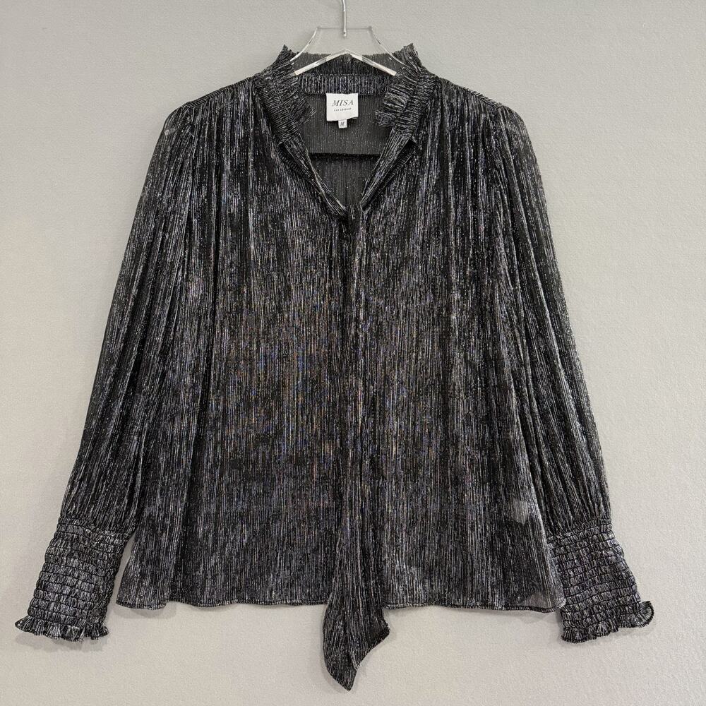 Misa Los Angeles Blouse Size Medium Black Silver Metallic Long Sleeve